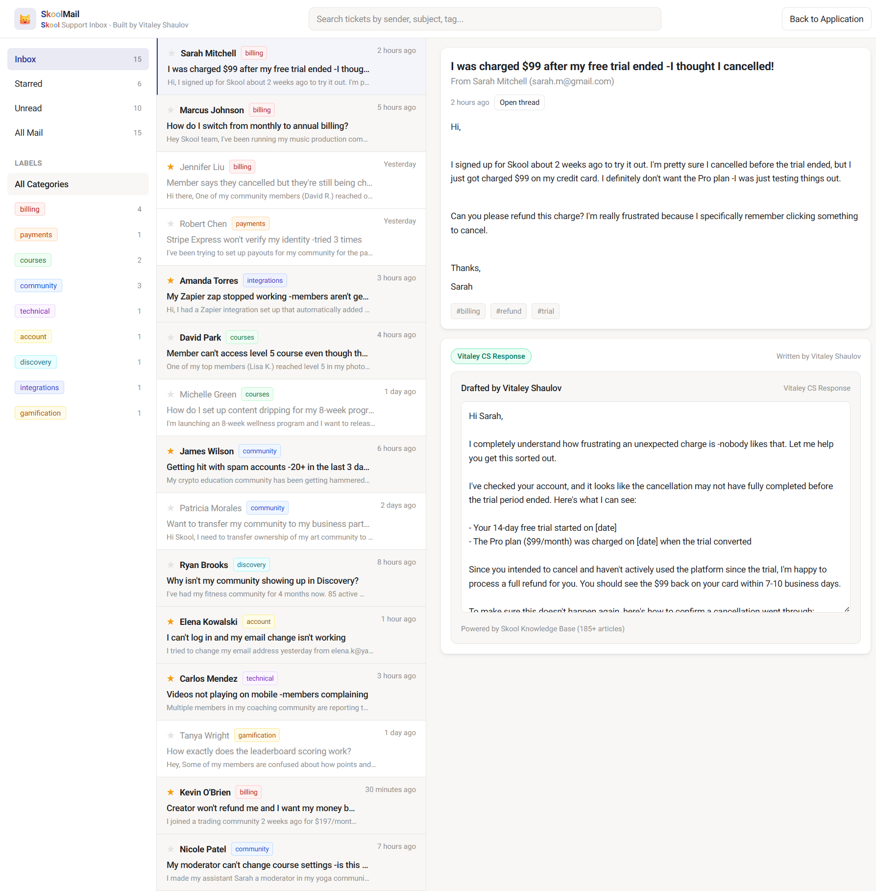 SkoolMail inbox preview with ticket list